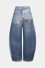 Contrast Denim Print Pocket Barrel Pants