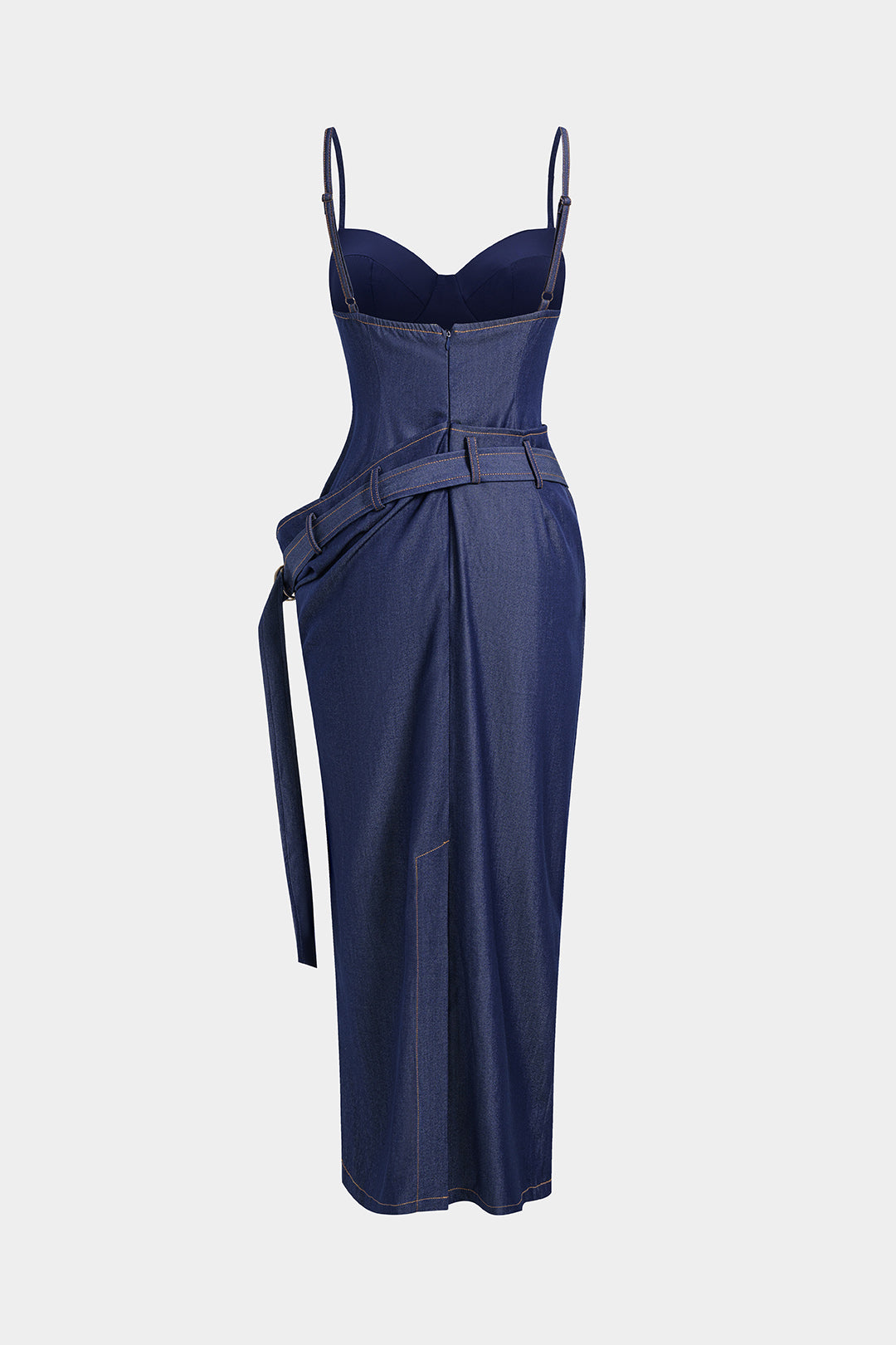 Denim Asymmetrical Ruched Bustier Belted Zipper Maxi Dress
