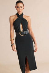 Crossed Halter Neck Belted Cut Out Sleeveless Midi Dress