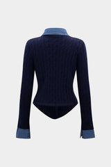 Cable Knit Patchwork Button Long-Sleeve Top