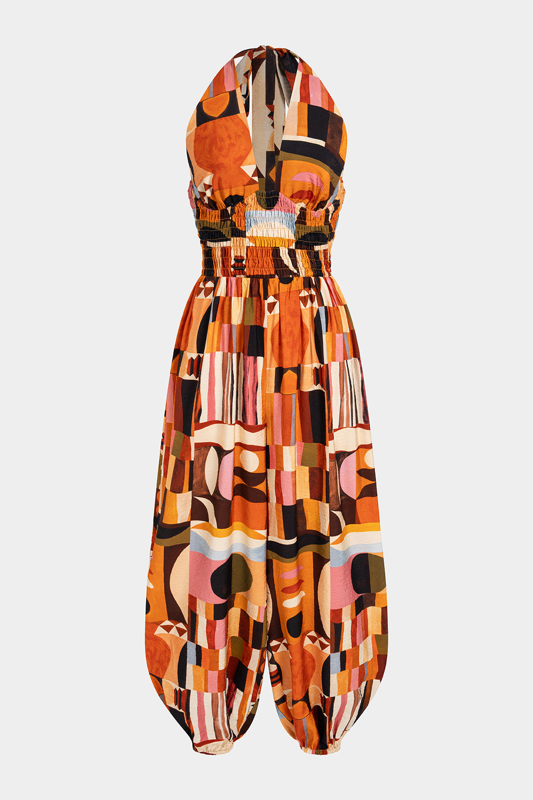 Colorblock Print Halter V-Neck Tie-Up Smocked Balloon Jumpsuit