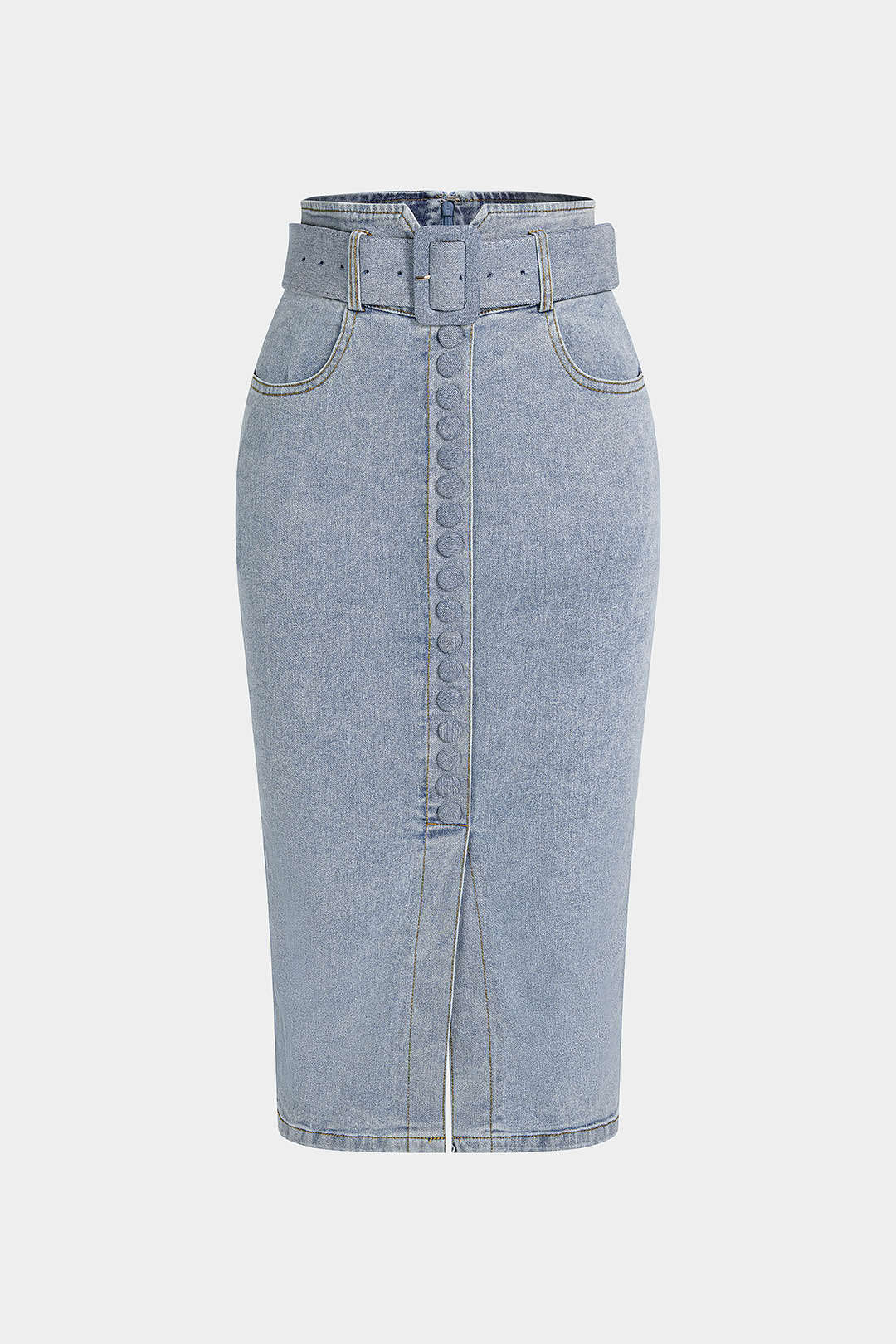 Denim Belted Button High Waist Skirt