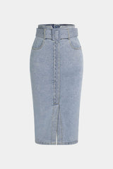 Denim Belted Button High Waist Skirt