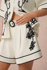 Contrast Flower Applique Short Sleeve Shirt And Belted Shorts Set
