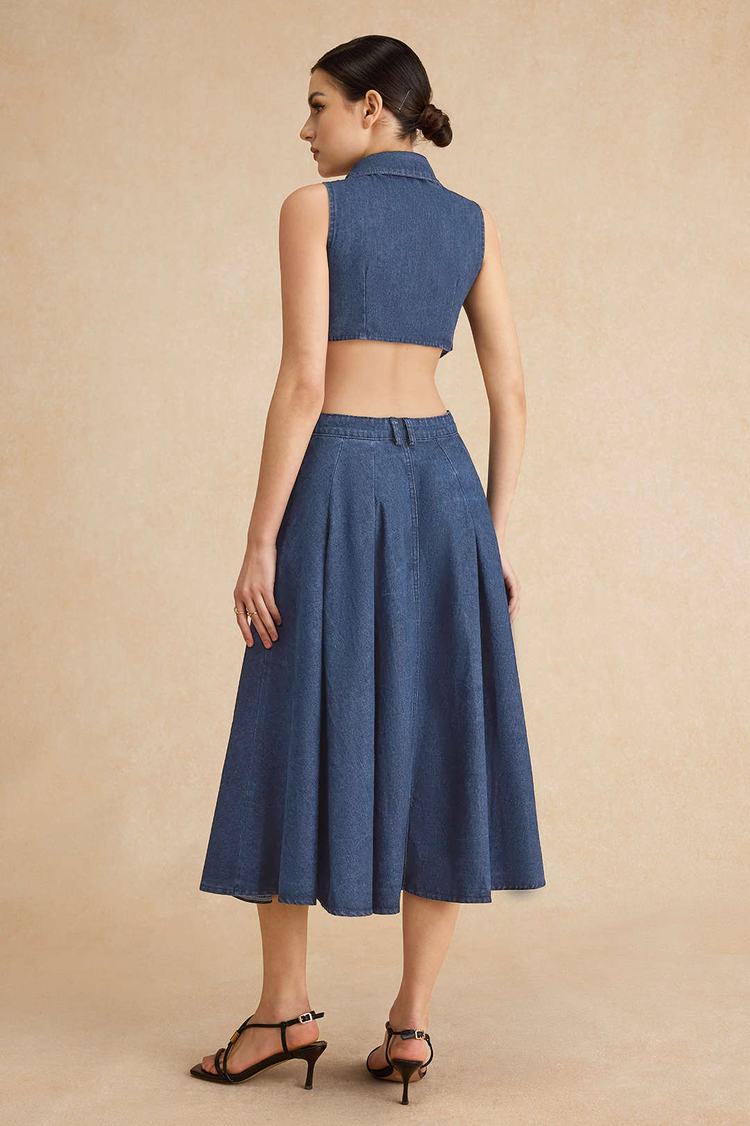Denim Button Cut Out Midi Dress