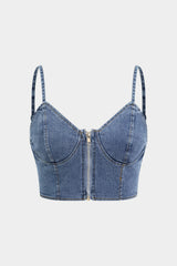 Denim Dry Clean Bustier Zipper Cami Top And Chiffon Pleated Patchwork Trousers Set