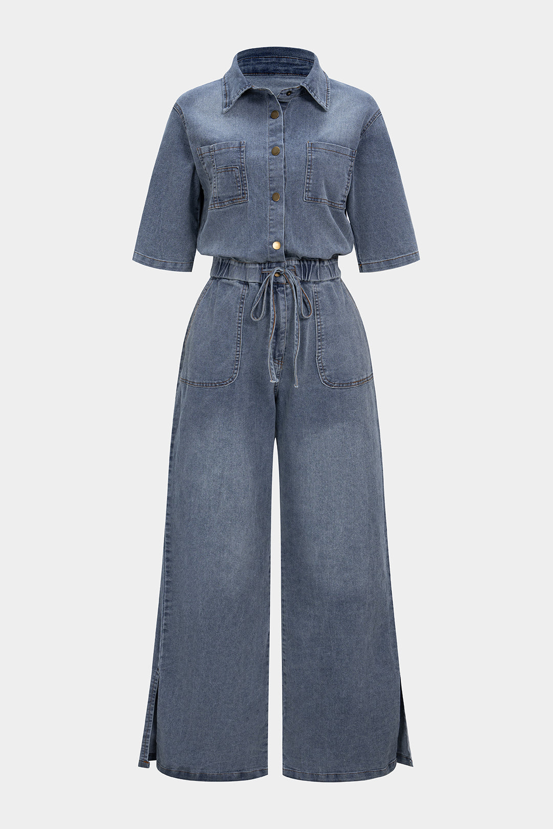 Denim Button Drawstring Pocket Short-Sleeve Jumpsuit