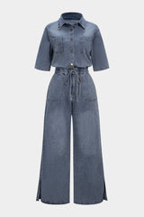 Denim Button Drawstring Pocket Short-Sleeve Jumpsuit