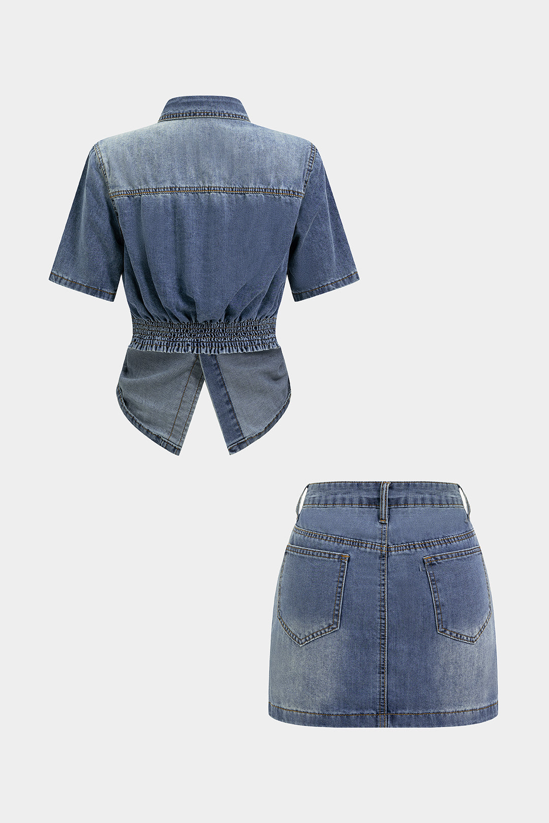 Denim Button Pocket Short Sleeve Shirt And Skirt Set