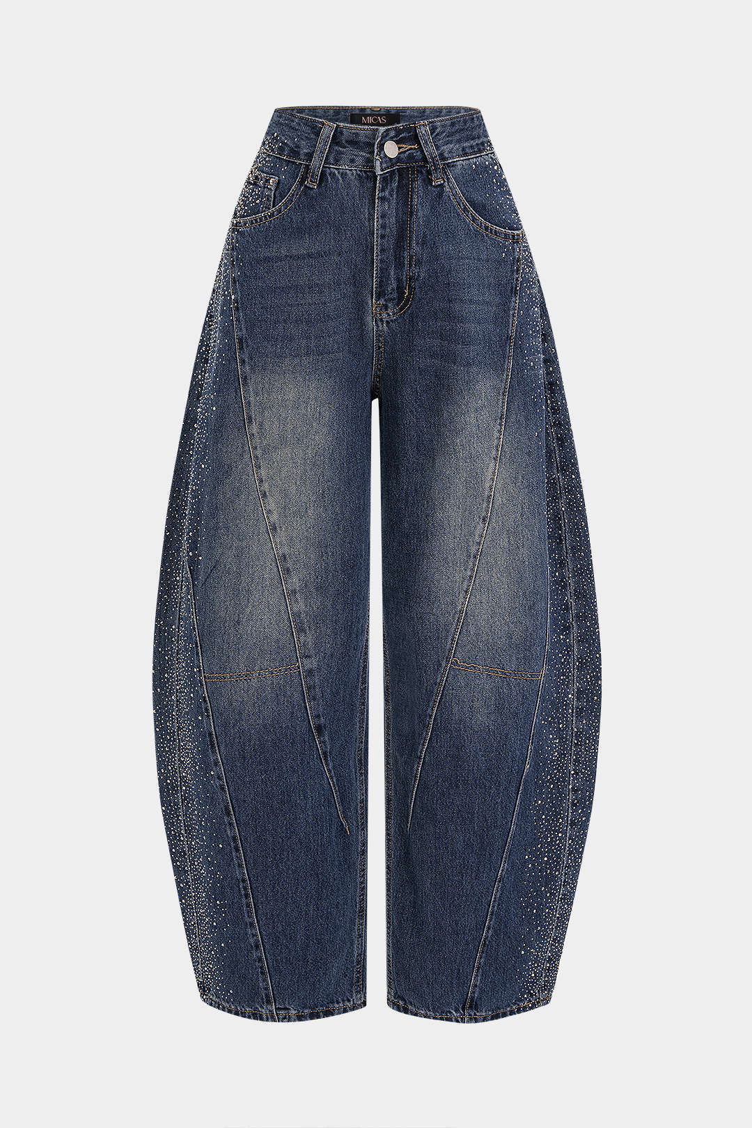 Denim Rhinestone High Waist Barrel Leg Jeans