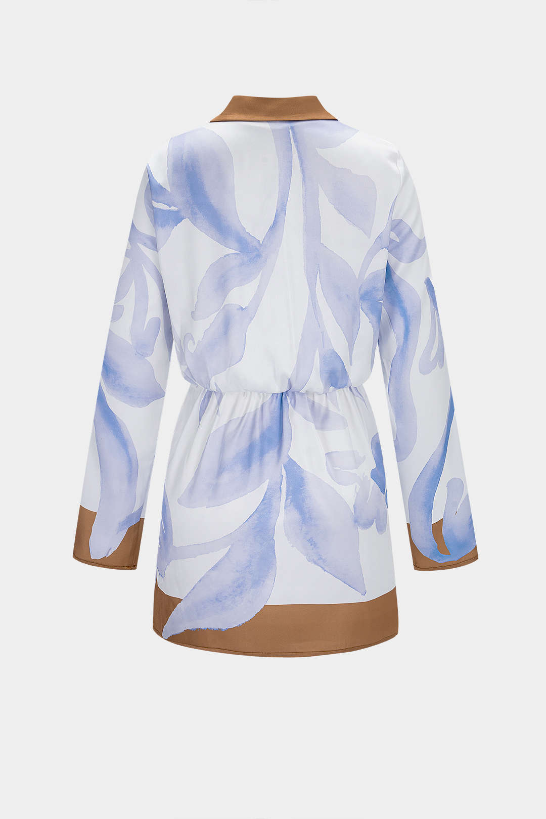 Contrast Leaves Print Satin Tie Front Long Sleeve Mini Dress
