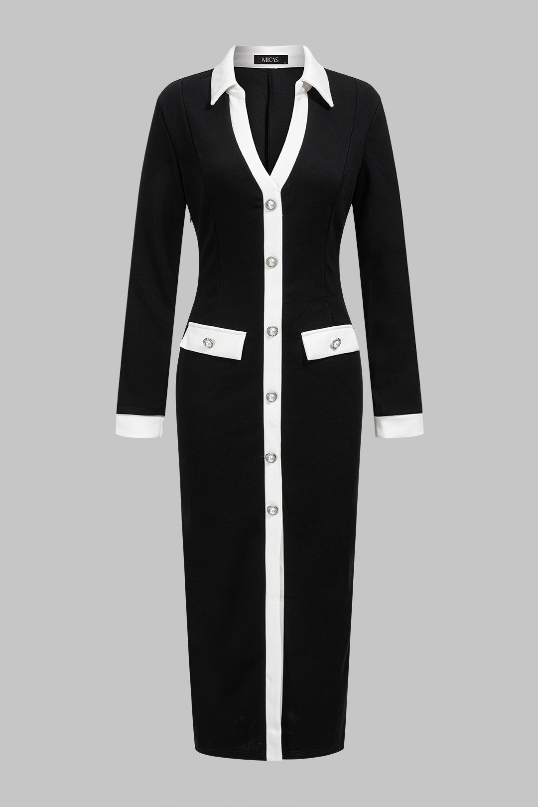 Contrast Trim V-Neck Button Long Sleeve Maxi Dress