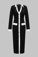 Contrast Trim V-Neck Button Long Sleeve Maxi Dress