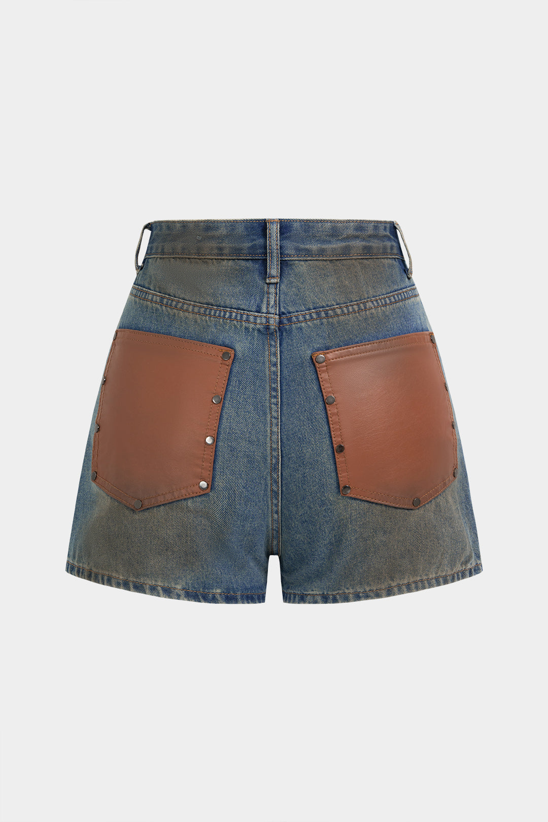 Denim Patchwork Faux Leather Pocket Wide Leg Shorts