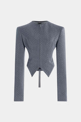 Diamond Print Zipper Belted Long-Sleeve Top