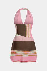 Contrast Stripes Print Halter Neck Sleevelss MIni Dress