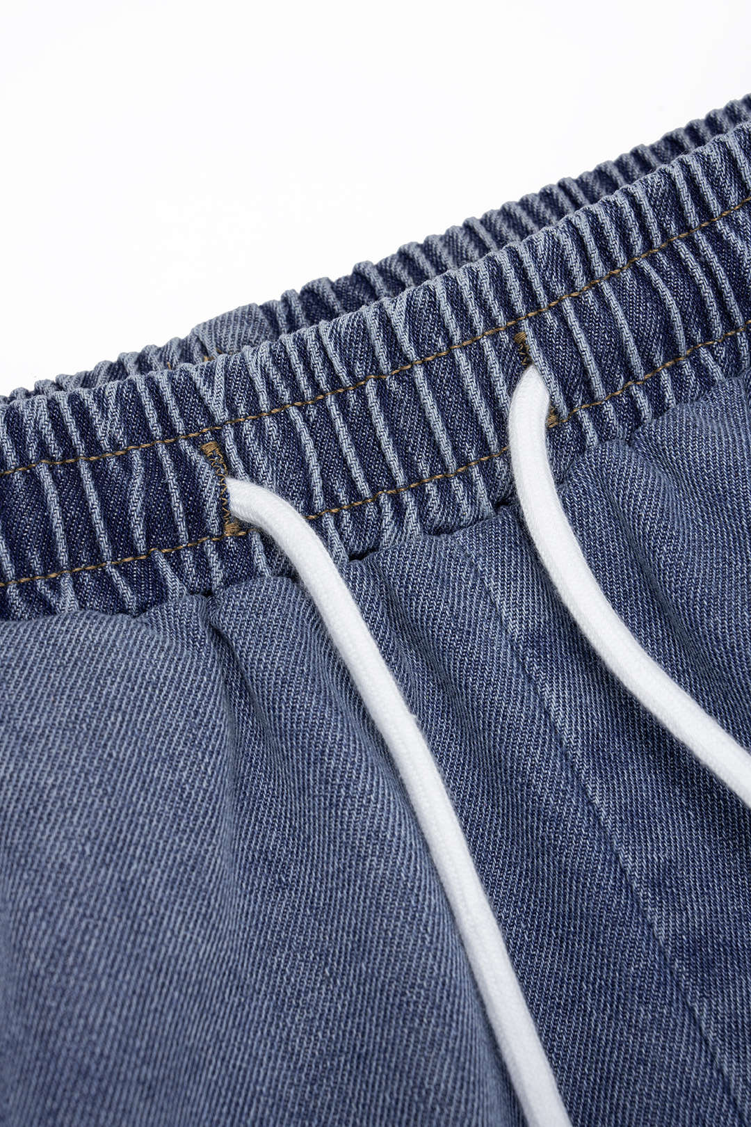 Denim Patchwork Mock Neck Zipper Short Sleeve Top And Drawstring Shirred Waistband Jeans Set