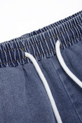 Denim Patchwork Mock Neck Zipper Short Sleeve Top And Drawstring Shirred Waistband Jeans Set