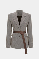 Button Notched Lapel Belted Blazer