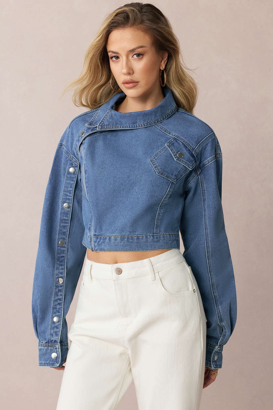 Denim  Asymmetrical Zipper Long-Sleeve Jacket
