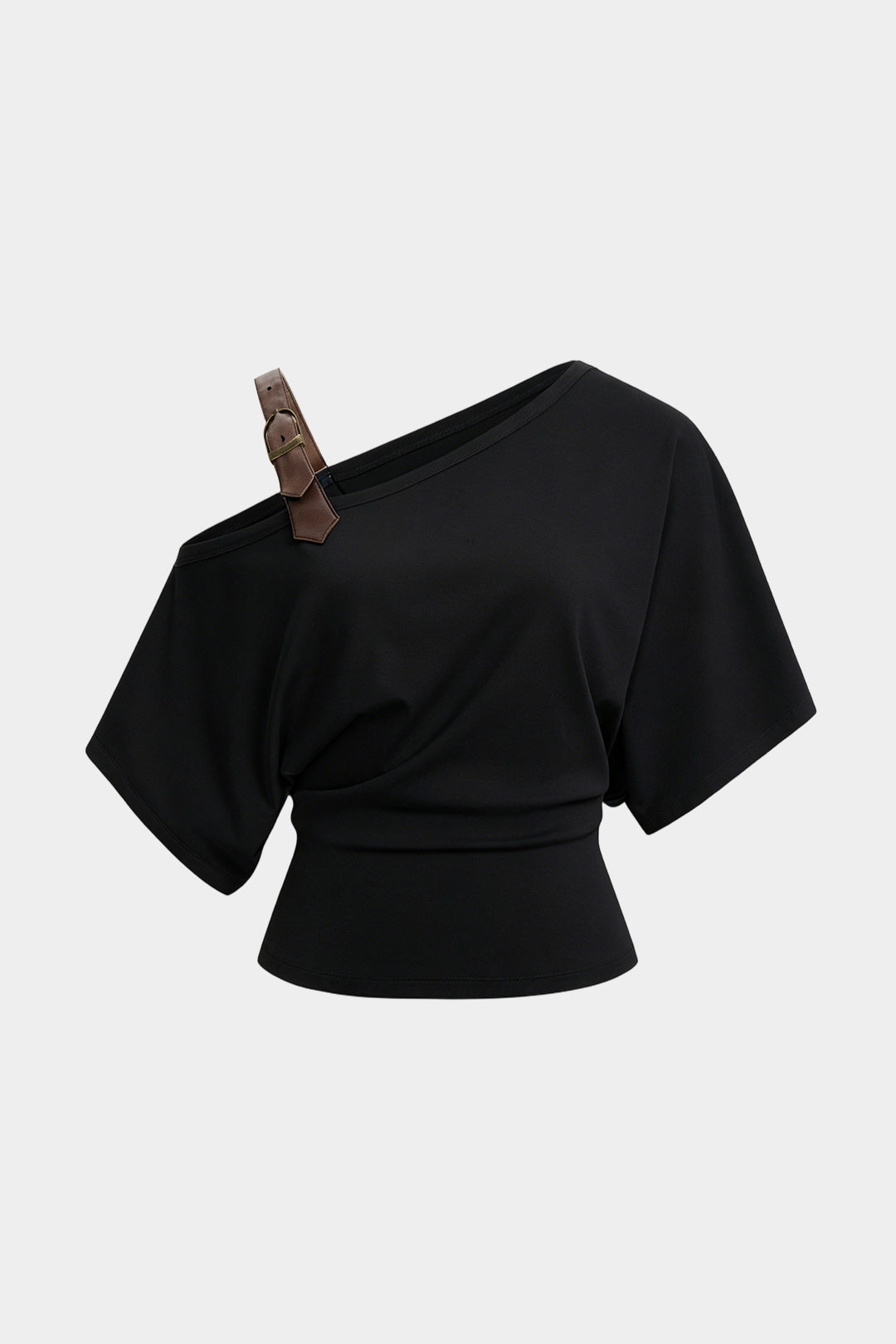 Asymmetrical Faux Leather Buckle One Shoulder Short Sleeve Top