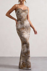 Abstract Print Patchwork Lace Trim Bustier Sleeveless Maxi Dress