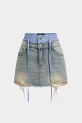 Denim Stripes Print Double Waistband Drawstring Frayed High Waist Skirt