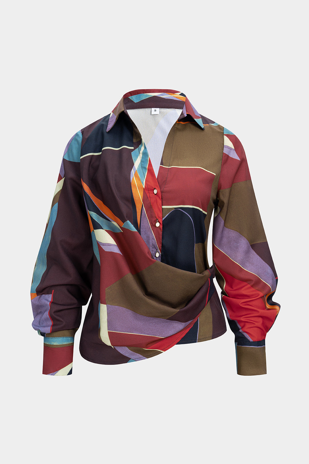 Contrast Geometric Print Button Ruched Long-Sleeve Shirt