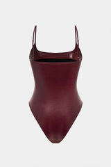 Basic Solid Faux Leather Sleeveless Bodysuit