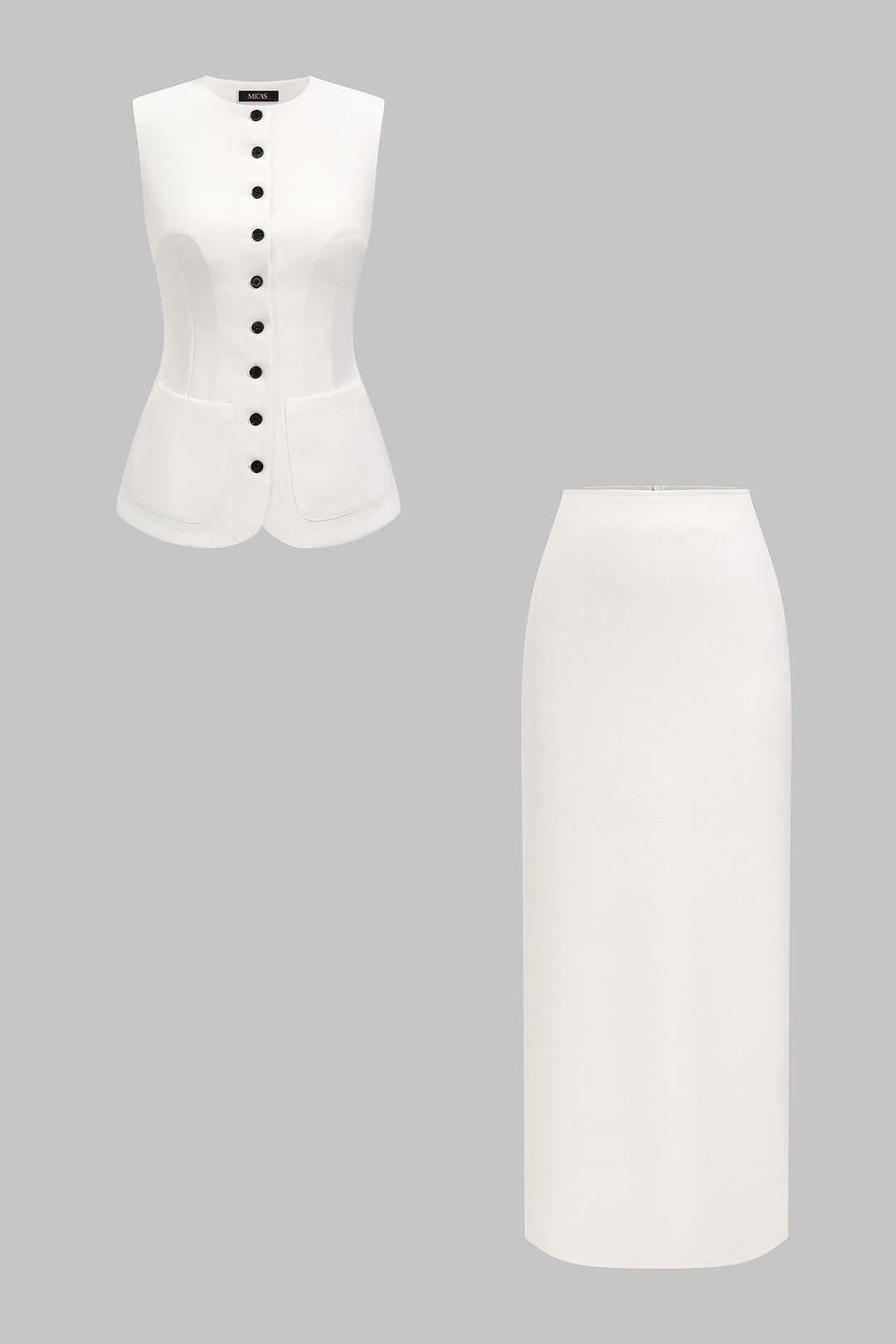 Button Round Neck Tank Top And Solid Skirt Set