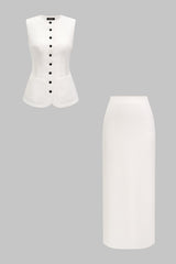 Button Round Neck Tank Top And Solid Skirt Set