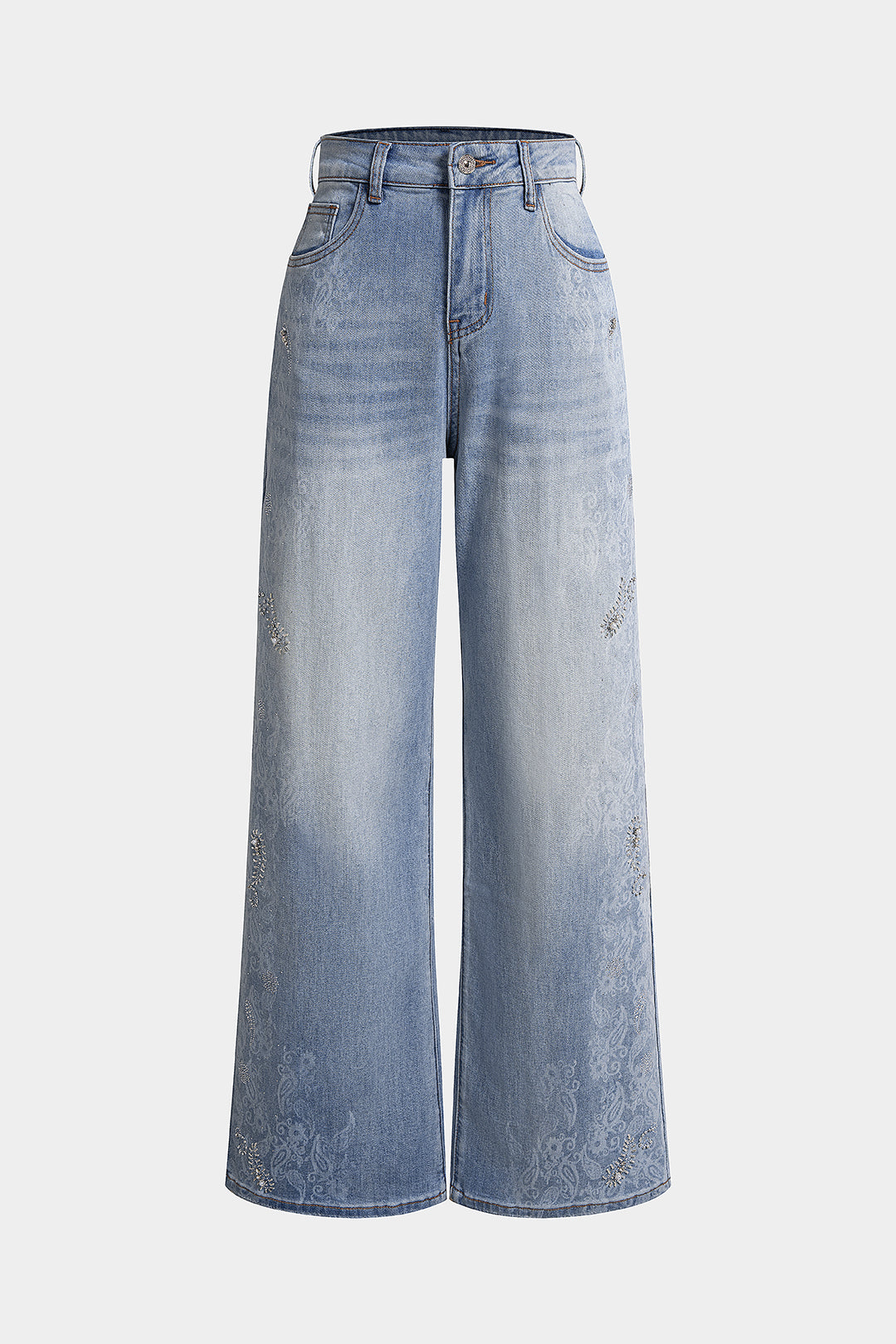 Denim Artistic Print Rhinestone Straight Leg Jeans