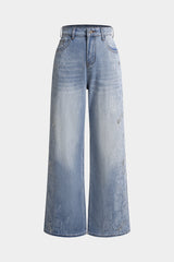 Denim Artistic Print Rhinestone Straight Leg Jeans