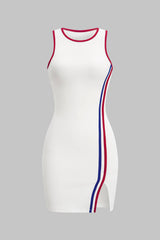 Contrast Binding Round Neck Slit Sleeveless Mini Dress
