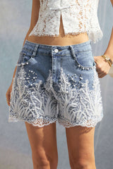 Denim Patchwork Lace Trim Wide Leg Shorts