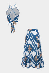 Abstract Print Satin Crossed Tie Back Cami Top And Skirt Set