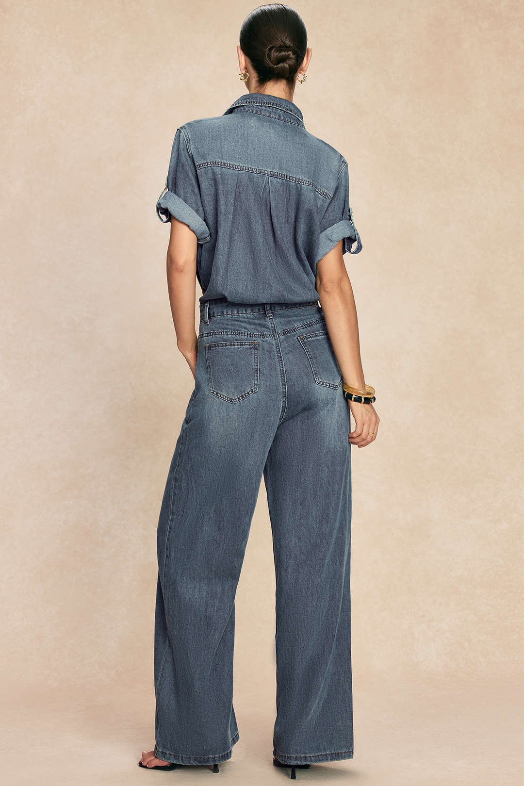 Denim Lapel Short Sleeve Straight Leg Jumpsuit