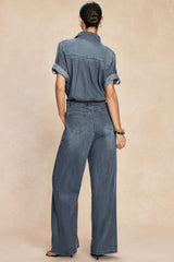 Denim Lapel Short Sleeve Straight Leg Jumpsuit