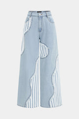 Denim Patchwork Stripes Print Asymmetrical Frayed Wide Leg Jeans