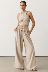 Crossed Halter Neck Ruched Tie-Up Top And Straight Leg Pants Set