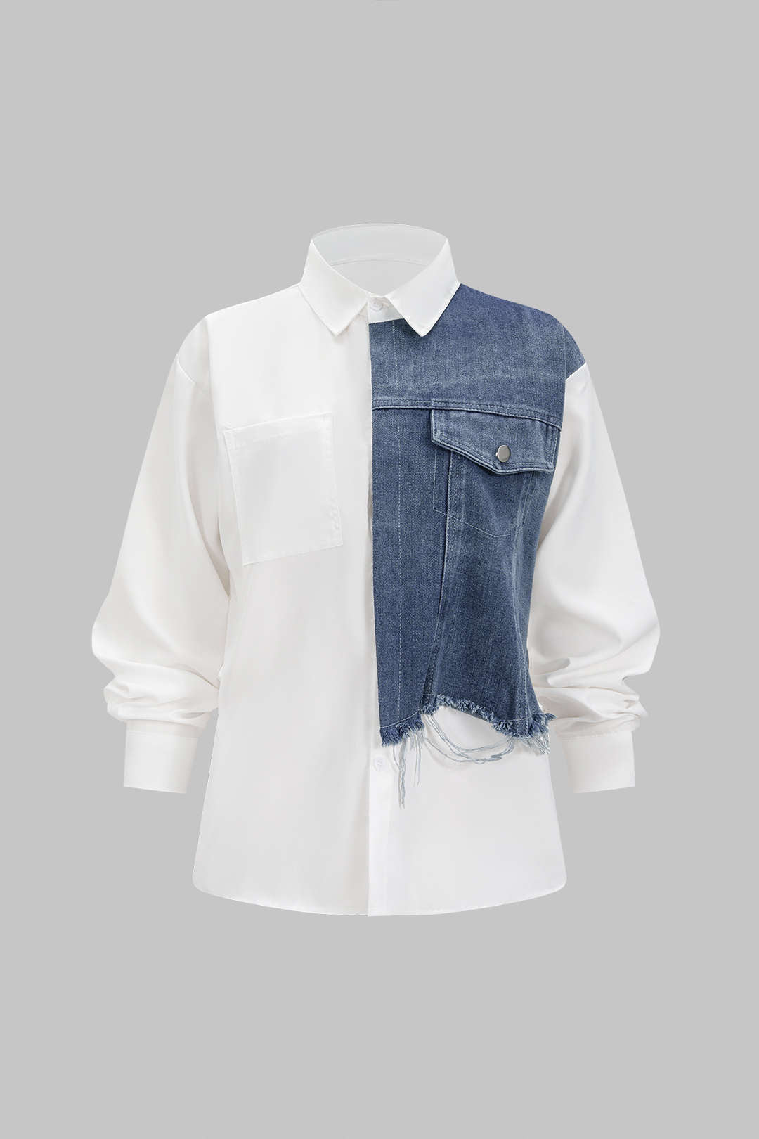 Denim Patchwork Frayed Asymmetrical Pocket Long-Sleeve Shirt