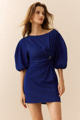 Denim Metallic Ruched Puff Short-Sleeve Mini Dress