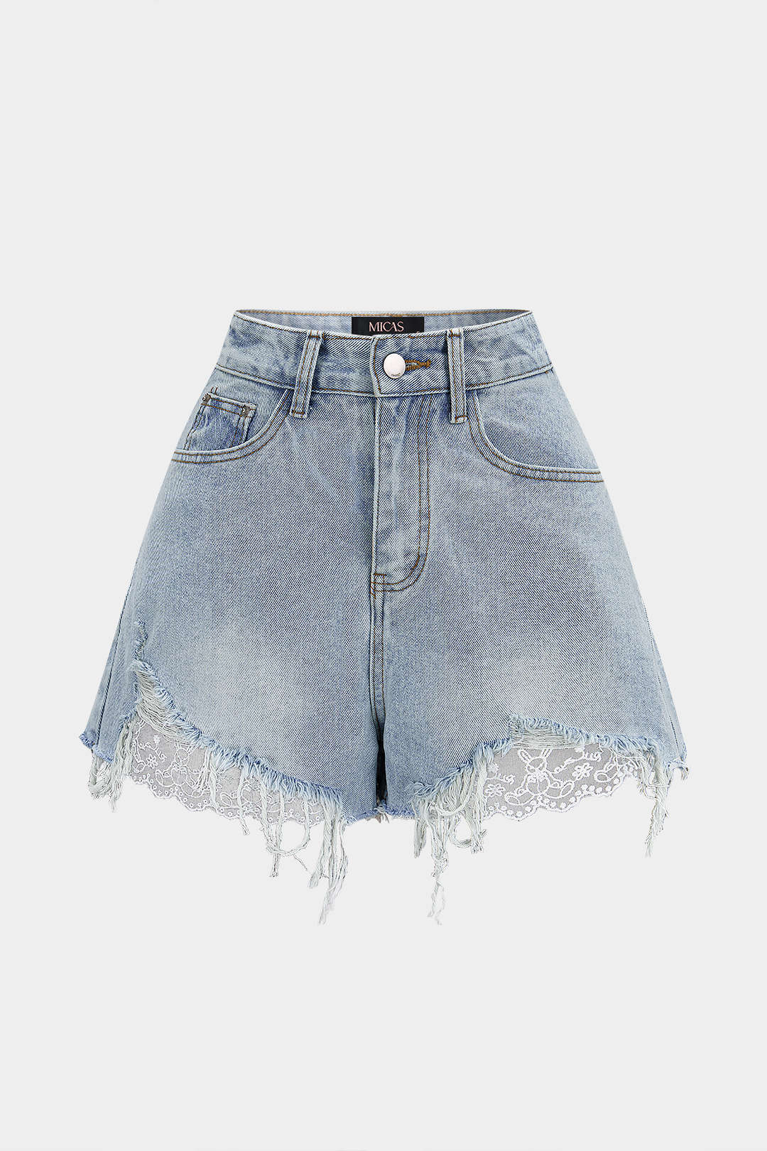 Denim Patchwork Lace Asymmetrical Frayed Shorts