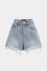 Denim Patchwork Lace Asymmetrical Frayed Shorts