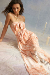 Bohemian Print Lace Patchwork Knotted Cut Out Strapless Midi Dress