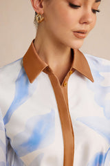 Contrast Leaves Print Satin Tie Front Long Sleeve Mini Dress