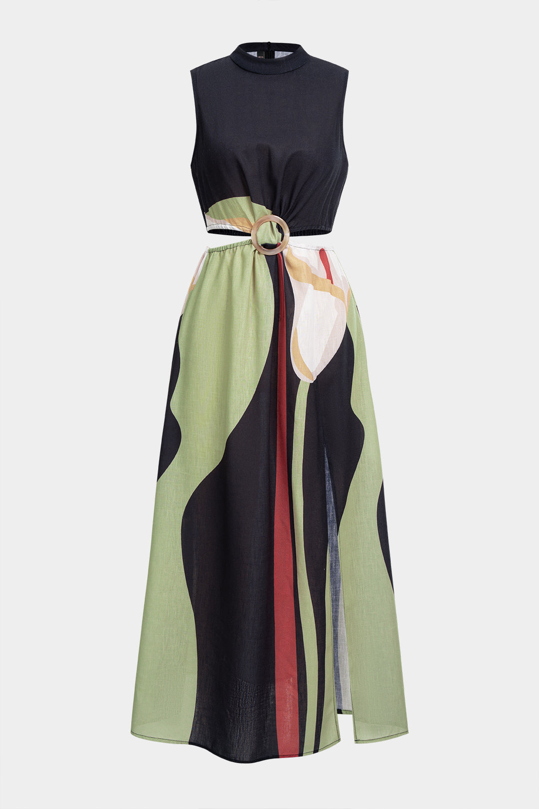 Abstract Floral Print Ruched Cut Out Sleeveless Maxi Dress