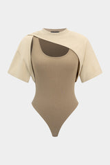 Contrast Round Neck Asymmetrical Short Sleeve Bodysuit