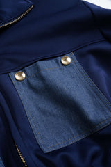 Contrast Print Denim Patchwork Smocked Zipper Jacket