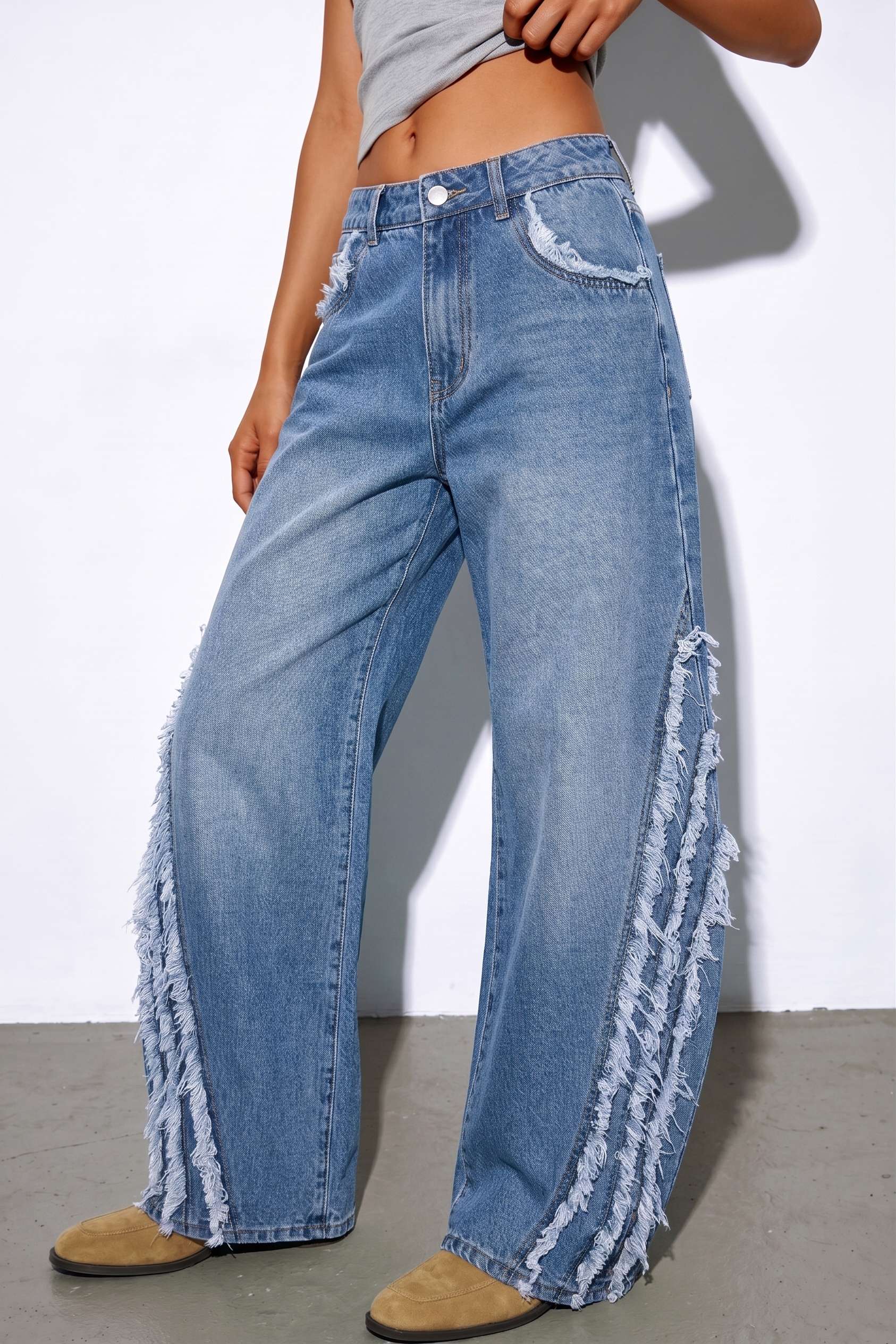 Denim Frayed Wide Leg Jeans